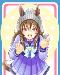  1girl animal_ears beanie blush bow bowtie breasts brown_hair candy chiffon commentary_request ears_through_headwear food food_in_mouth grey_hat hair_between_eyes hat highres holding holding_candy holding_food holding_lollipop horse_ears horse_girl horse_tail leaning_forward lollipop lollipop_in_mouth long_hair long_sleeves looking_at_viewer nakayama_festa_(umamusume) open_mouth pleated_skirt purple_sailor_collar purple_serafuku purple_shirt purple_skirt sailor_collar sailor_shirt school_uniform serafuku shirt skirt smile tail teeth tracen_school_uniform umamusume violet_eyes white_bow white_bowtie 