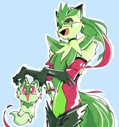  1boy blush body_fur boots cat cat_boy choker design_speculation drawfee evolutionary_line fakemon fangs furry furry_male green_fur green_hair karina_farek long_hair open_mouth pokemon pokemon_(creature) smile sprigatito sprigatito_(karina_farek) tail teeth thigh_boots 