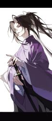  1boy black_hakama cowboy_shot hakama hand_up high_ponytail highres holding holding_sword holding_weapon japanese_clothes katana kimetsu_no_yaiba kimono letterboxed long_hair looking_at_viewer male_focus parted_lips ponytail purple_kimono red_eyes ringo93070 scar scar_on_face scar_on_forehead simple_background solo standing sword teeth tsugikuni_michikatsu weapon white_background 