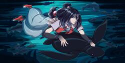  1girl absurdres ankle_boots arm_markings artist_request black_hair blue_eyes blue_hakama blue_pants blue_shirt body_markings boots breasts commission double-parted_bangs full_body hair_between_eyes hair_tubes hakama hakama_pants highres jacket japanese_clothes long_hair looking_at_viewer medium_breasts multicolored_boots multicolored_jacket pants parted_lips protected_link red_boots red_jacket second-party_source shildina_(tate_no_yuusha_no_nariagari) shirt solo swimming tate_no_yuusha_no_nariagari turtle twintails two-tone_boots two-tone_jacket underwater white_boots white_jacket 