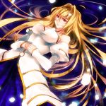  antenna_hair archetype_earth arcueid_brunestud bare_shoulders blonde_hair breasts detached_sleeves dress hair_intakes hands_together highres long_hair lying melty_blood on_back petals puffy_sleeves red_eyes solo strapless_dress tamachi_kuwa taut_shirt tsukihime very_long_hair white_dress 