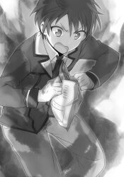  029 1boy andou_jurai aura collared_shirt greyscale hair_between_eyes highres holding inou-battle_wa_nichijou-kei_no_naka_de jacket leaning_forward long_sleeves looking_down monochrome necktie non-web_source novel_illustration official_art open_mouth pants school_uniform senkou_high_school_uniform shirt short_hair simple_background solo standing v-shaped_eyebrows 