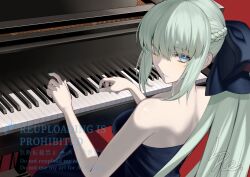  1girl artist_name back bare_back bare_shoulders black_bow black_dress blue_eyes blue_nails bow braid breasts commentary_request cowboy_shot dress eyes_visible_through_hair fate/grand_order fate_(series) fingernails from_behind green_hair hair_bow hair_over_one_eye hands_up high_ponytail highres instrument l4st_resort large_bow long_dress long_hair looking_at_viewer looking_back medium_breasts morgan_le_fay_(fate) music nail_polish playing_instrument playing_piano ponytail red_background shadow sidelocks simple_background single_braid sitting solo strapless strapless_dress teeth very_long_hair watermark 
