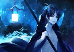  1boy black_hair cape carrying character_request earrings forest glowing jewelry katekyo_hitman_reborn katekyo_hitman_reborn! lantern leaf male nature night pale_skin rokudo_mukuro short_hair topless 