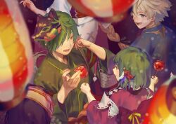  2boys 3girls absurdres alicia_quixano_(grimms_notes) alternate_costume blonde_hair blue_kimono braid candy_apple elena_wyllt_(grimms_notes) fingernails food fox_mask from_above from_behind green_kimono grimms_notes hair_over_one_eye hands_up hecate_(grimms_notes) highres holding japanese_clothes kimono long_hair lower_teeth_only mask mask_on_head multiple_boys multiple_girls open_mouth out_of_frame revol_(grimms_notes) serasusu short_hair single_braid smile standing teeth tim_(grimms_notes) 