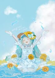  1girl \(^o^)/ \o/ arms_up blue_dress blue_sky bow cheering clouds commentary_request dress dress_flower fingerless_gloves flower flower_as_hat frilled_dress frilled_gloves frills gloves green_hair hair_ornament hands_up hat hat_bow hatsune_miku highres in_water long_hair magical_mirai_(vocaloid) magical_mirai_miku magical_mirai_miku_(2026) musical_note musical_note_hair_ornament outstretched_arms petticoat ramune_lemon see-through_clothes see-through_gloves see-through_sleeves short_sleeves sitting sky solo sunflower twintails vocaloid wariza water 