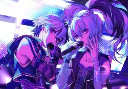  2girls arm_warmers armpit_peek bandaged_arm bandages bare_shoulders commentary_request corset emu_(marico_w) flower_(vocaloid) flower_(vocaloid3) flower_(vocaloid4) hand_up highres holding holding_microphone hood hood_down hoodie looking_at_viewer microphone multicolored_hair multiple_girls open_mouth purple_corset purple_hair purple_hoodie purple_nails purple_theme ribbon single_arm_warmer single_fishnet_armwear streaked_hair striped_arm_warmers upper_body violet_eyes vocaloid watermark white_hair white_ribbon 