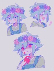  1boy :d ^_^ agent_ruri androgynous antenna_hair basil_(headspace)_(omori) basil_(omori) blood blood_on_cheek blood_on_face blood_on_hands blue_eyes blue_flower blue_hair blue_overalls blue_rose blush buttons child closed_eyes closed_mouth commentary_request cropped_shoulders eyes_visible_through_hair facing_ahead flipped_hair flower flower_wreath frown green_shirt grey_background hand_up head_wreath highres leaf looking_ahead looking_down male_focus multiple_views no_sclera official_alternate_eye_color omori open_mouth overalls pink_flower pink_rose purple_flower raised_inner_eyebrows red_eyes rose scared shaded_face shirt short_hair simple_background smile sweatdrop tongue 