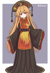  1girl black_dress black_hat blonde_hair blush chinese_clothes closed_mouth commentary_request dalachi_(headdress) dress full_body hat highres junko_(touhou) long_hair long_sleeves looking_at_viewer neck_ribbon phoenix_print red_eyes red_tabard ribbon shitacemayo sleeves_past_fingers sleeves_past_wrists solo tabard touhou twitter_username very_long_hair wide_sleeves yellow_ribbon 