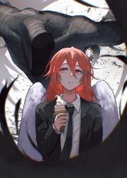  1boy angel_devil_(chainsaw_man) angel_wings black_jacket black_necktie chainsaw_man collared_shirt commentary_request food hair_between_eyes highres holding holding_food holding_ice_cream ice_cream ice_cream_cone jacket long_hair male_focus necktie red_eyes red_hair sakuranuts00 shirt simple_background soft_serve solo suit_jacket white_background white_shirt white_wings wings 