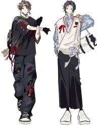  2boys alternate_costume alternate_hair_length_(shorter) aqua_shirt bag black_hair black_pants black_shirt brown_hair collared_shirt earrings full_body hanafuda_earrings holding holding_bag jewelry kimetsu_no_yaiba looking_to_the_side male_focus multiple_boys pants red_eyes sal_gun shirt shoes short_hair simple_background smile standing teeth torn_clothes torn_pants tsugikuni_michikatsu tsugikuni_yoriichi vest white_background white_bag white_vest wide_sleeves 