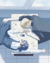  1boy 1girl alternate_universe black_dress black_jacket blonde_hair blush chainsaw_man character_name closed_eyes commentary_request denji_(chainsaw_man) desk dress earphones from_above gakuran hair_between_eyes hair_bun hetero highres holding_hands jacket korean_commentary looking_at_another medium_hair official_alternate_costume pinafore_dress pleated_dress purple_hair reze_(chainsaw_man) school_desk school_uniform shared_earphones shirt shirt_under_dress short_hair sleeveless sleeveless_dress sleeves_rolled_up smile syunillust updo white_shirt 