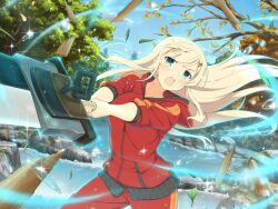  1girl aqua_eyes attack blonde_hair blue_sky blush branch breasts clouds day falling_leaves forest game_cg greatsword hair_ornament hairclip holding holding_sword holding_weapon hood hooded_jacket huge_weapon jacket large_breasts leaf long_hair looking_at_viewer nature official_art open_mouth outdoors pants red_jacket red_pants red_track_suit river rock senran_kagura senran_kagura_new_link sky solo sparkle splashing swinging_weapon sword teeth track_jacket track_pants track_suit tree two-handed_sword upper_teeth_only v-shaped_eyebrows very_long_hair water water_drop weapon yomi_(senran_kagura) 