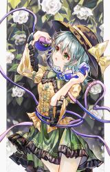  1girl absurdres black_hat bow buttons chinese_commentary commentary_request diamond_button eyeball flower frilled_shirt_collar frilled_skirt frilled_sleeves frills green_eyes green_hair green_skirt hat hat_bow heart heart_of_string highres holding holding_phone komeiji_koishi long_sleeves open_mouth phone rose shirt skirt solo tan_xiao_ye third_eye touhou white_flower white_rose wide_sleeves yellow_bow yellow_shirt 