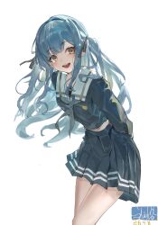  1girl absurdres bang_dream! bang_dream!_it's_mygo!!!!! black_ribbon blue_hair blue_shirt blue_skirt commentary grey_neckerchief hair_ribbon highres long_hair looking_at_viewer neckerchief open_mouth pleated_skirt ribbon shaymas shirt sidelocks simple_background skirt solo teeth togawa_sakiko upper_teeth_only white_background yellow_eyes 