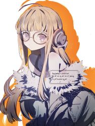  1girl bare_shoulders black-framed_eyewear black_shirt coat commentary fur-trimmed_coat fur_trim glasses green_coat headphones headphones_around_neck highres orange_hair persona persona_5 sakura_futaba satea shirt solo untranslatable_commentary upper_body violet_eyes white_background 