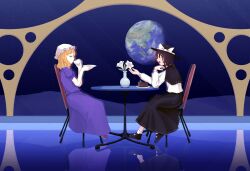  2girls :d black_capelet black_hat black_shoes black_skirt blonde_hair bow brown_eyes brown_hair cafe cake capelet chair chocolate_cake closed_eyes collared_dress contrast_collar cup cyanaqua dessert dress earth_(planet) elbow_rest english_commentary flower flower_request food hand_on_own_chin hat hat_bow highres holding holding_cup long_dress long_skirt long_sleeves magical_astronomy maribel_hearn mary_janes medium_hair mob_cap multiple_girls planet plate puffy_short_sleeves puffy_sleeves purple_dress red_shoes reflection ribbon-trimmed_capelet ribbon-trimmed_skirt ribbon_trim shirt shoes short_hair short_sleeves sideways_mouth sitting skirt smile socks space spacecraft teacup teeth touhou upper_teeth_only usami_renko white_bow white_hat white_shirt white_socks 