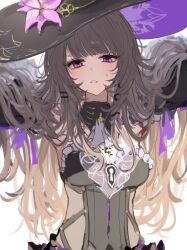  1girl absurdres armpits bare_shoulders black_dress blunt_bangs blush commentary dress grey_hair hat herta_(honkai:_star_rail) highres honkai:_star_rail honkai_(series) key long_hair magnet_8_8 messy_hair solo the_herta_(honkai:_star_rail) violet_eyes white_background 