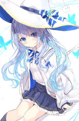  1girl animal blue_eyes blue_hair blue_skirt blue_socks blush bow braid bug butterfly closed_mouth collared_shirt commentary_request diagonal-striped_bow dress_shirt feet_out_of_frame frilled_skirt frills gochuumon_wa_usagi_desu_ka? hair_between_eyes hair_ornament hat highres kafuu_chino kouda_suzu long_hair long_sleeves looking_at_viewer open_clothes open_robe pleated_skirt robe shirt sitting skirt sleeves_past_wrists smile socks solo striped_bow tippy_(gochiusa) very_long_hair white_background white_hat white_robe white_shirt witch_hat x_hair_ornament 