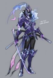  1boy absurdres armor armored_boots belt black_pants blue_belt blue_fire boots breastplate ceruledge character_name coattails commentary covered_face detached_arm eye_trail fiery_clothing fire flaming_sword flaming_weapon full_body fur_scarf gloves grey_background helm helmet highres holding holding_sword holding_weapon katana light_trail looking_at_viewer multiple_swords nigiri_(ngr24) pants pauldrons personification pokedex_number pokemon purple_armor purple_boots purple_fire purple_gloves purple_shirt sheath sheathed shirt shoulder_armor simple_background solo standing sword tailcoat vambraces weapon 