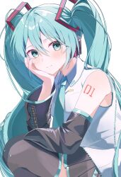  1girl aqua_eyes aqua_hair aqua_nails aqua_necktie aqua_trim arm_tattoo bare_shoulders black_skirt blush collared_shirt commentary_request detached_sleeves fingernails hair_between_eyes hair_ornament hand_on_own_cheek hand_on_own_face hatsune_miku headset highres long_hair long_sleeves looking_at_viewer miniskirt nail_polish necktie number_tattoo open_mouth pink_ribbon pleated_skirt ribbon shirt skirt sleeveless sleeveless_shirt solo tattoo twintails user_gmkz5243 very_long_hair vocaloid 