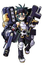  1girl armor armored_boots boots breastplate closed_mouth diana_(shinrabanshou) dual_wielding gauntlets gold_trim green_eyes green_hair green_trim gun hair_between_eyes harakawa_mitsuhiro headgear holding holding_gun holding_weapon knee_guards official_art shinrabanshou short_hair solo third-party_source transparent_background weapon 