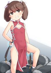  1girl abyssal_ship alternate_costume brown_eyes brown_hair china_dress chinese_clothes cleavage_cutout clothing_cutout commentary_request dress enemy_naval_mine_(kancolle) feet_out_of_frame flat_chest grin highres holding holding_weapon kantai_collection okitarou_(okiyo) red_dress ryuujou_(kancolle) smile solo swept_bangs teeth tentacles twintails weapon 