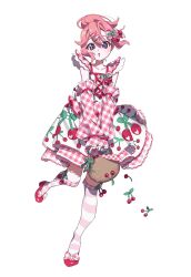  1girl :o basket blue_eyes cherry cherry_hair_ornament cherry_print detached_sleeves dress floating_hair food food-themed_hair_ornament food_print frilled_socks frills fruit fruit_print full_body hair_between_eyes hair_ornament hairclip highres himitsu_no_aipri holding holding_basket long_sleeves looking_at_viewer medium_hair nanaura_otome open_mouth pink_dress pink_hair ponytail pretty_series red_shoes shoes simple_background socks solo standing standing_on_one_leg striped_clothes striped_socks white_background yunomikuchi 
