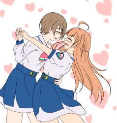  absurdres ahoge blue_skirt blush brown_hair closed_eyes dancing harumiya_yukuri heart highres ikizulive!_love_live!_bluebird love_live! neckerchief open_mouth orange_hair pink_neckerchief pleated_skirt puffy_short_sleeves puffy_sleeves shirt short_sleeves skirt smile takahashi_polka valentine white_shirt 