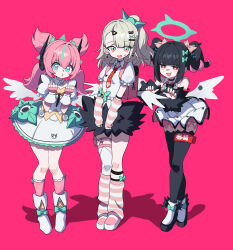  3girls absurdres aria_(zenless_zone_zero) arm_warmers bag bandaid bandaid_hair_ornament bare_shoulders black_hair black_skirt blue_eyes blush bow commentary_request detached_collar detached_sleeves dress earrings fingerless_gloves fur-trimmed_skirt fur-trimmed_sleeves fur_trim gloves green_bow green_eyes green_hair green_halo hair_between_eyes hair_bow hair_ornament halo hands_up heart heart_hair_ornament highres hoduttang jewelry leg_warmers multiple_girls multiple_hair_bows multiple_hair_clips musical_note_earrings nangong_yu necktie open_mouth pink_arm_warmers pink_bag pink_gloves pink_hair pink_leg_warmers pink_shoes red_background red_eyes red_nails red_necktie shadow shirt shoes simple_background skirt standing striped_arm_warmers striped_leg_warmers sunna_(zenless_zone_zero) white_dress white_shirt white_shoes white_wings winged_bag wings zenless_zone_zero 