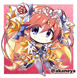  1girl akaneya blue_dress blue_eyes blush_stickers border character_request chibi chibi_only closed_mouth commentary_request commission copyright_request double-parted_bangs dress flower full_body gloves gradient_background grey_thighhighs hair_between_eyes hair_flower hair_ornament hair_ribbon long_hair looking_at_viewer lowres orange_hair outline outside_border outstretched_arm pink_background ribbon rose shoes skeb_commission smile solo standing thigh-highs twitter_username very_long_hair white_border white_flower white_gloves white_outline white_ribbon white_rose white_shoes 