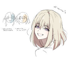  2girls bang_dream! bang_dream!_it's_mygo!!!!! blonde_hair blush commentary english_commentary english_text hair_between_eyes highres medium_hair miomujica misumi_uika multiple_girls open_mouth simple_background smile togawa_sakiko violet_eyes white_background 