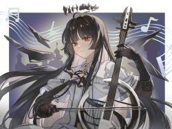  1girl absurdres arknights ascot black_eyes black_gloves black_hair black_halo blunt_bangs broken_halo chinese_commentary closed_mouth collared_jacket commentary_request dark_halo detached_wings elbow_gloves gloves halo highres hime_cut holding holding_instrument holding_violin instrument jacket long_hair mole mole_under_eye musical_note musical_staff short-sleeved_jacket short_sleeves solo upper_body very_long_hair violin virtuosa_(arknights) white_jacket wings xi_wu_yogurt 