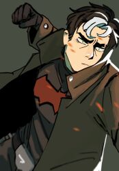  1boy 3qs09n batman_(series) batman_symbol black_bodysuit black_gloves black_hair bodysuit brown_jacket commentary dc_comics english_commentary gloves highres jacket jason_todd male_focus multicolored_bodysuit muscular muscular_male open_clothes pants red_hood_(dc) red_hood_and_the_outlaws short_hair superhero_costume taut_bodysuit two-tone_bodysuit 