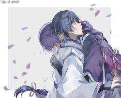  1boy 1girl alternate_costume back_bow blue_hair blunt_bangs bow braid bridal_gauntlets cherry_blossoms dated english_commentary falling_petals from_side genshin_impact hair_between_eyes hair_ribbon height_difference highres japanese_clothes kimono leaning_forward leaning_on_person long_sleeves mother_and_child mother_and_son parent_and_child petals purple_hair purple_kimono purple_ribbon qywninh raiden_shogun ribbon scaramouche_(genshin_impact) scaramouche_(kabukimono)_(genshin_impact) single_braid standing surprised upper_body violet_eyes wide-eyed wide_sleeves 