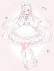  1girl apron bib_collar bonnet bow bowtie breasts brown_bow brown_bowtie brown_eyes brown_hair commentary corset english_commentary floating_hair flower frilled_bonnet frilled_shirt_collar frilled_socks frills full_body hair_bow hair_flower hair_ornament hand_up head_wreath highres holding holding_flower knees_together_feet_apart konkave_linse long_hair long_sleeves looking_at_viewer mary_janes medium_breasts medium_skirt original parted_lips petals petticoat pink_background pink_corset pink_flower pink_petals pink_rose pink_shoes pink_skirt puffy_long_sleeves puffy_sleeves ribbon rose shirt shoes skirt socks solo standing standing_on_one_leg striped_bow two_side_up very_long_hair waist_apron white_apron white_bow white_flower white_ribbon white_rose white_shirt white_socks 