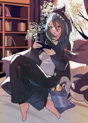  1girl absurdres aqua_eyes bag_of_chips barefoot black_hair bookshelf breasts candy cellphone chips_(food) commission cosplay double-parted_bangs food food_in_mouth hair_between_eyes highres holding holding_phone impossible_kigurumi indoors kigurumi lollipop lollipop_in_mouth long_hair long_sleeves looking_at_viewer medium_breasts on_bed orca_costume phone protected_link sanya_(sanya_lox228) second-party_source shildina_(tate_no_yuusha_no_nariagari) sitting smartphone solo stuffed_orca tate_no_yuusha_no_nariagari 