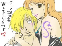  1boy 1girl aco_lovesan73 arm_tattoo bikini bikini_top_only blonde_hair commentary_request curly_eyebrows eyelashes facial_hair goatee heart hug long_hair looking_at_viewer mustache nami_(one_piece) one_piece orange_hair pink_lips sanji_(one_piece) short_hair smile swimsuit tattoo 