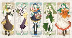  5girls absurdres alternate_costume aqua_hair ascot basket beret blue_hat breasts commentary dress elincia_ridell_crimea english_commentary fire_emblem fire_emblem:_path_of_radiance fire_emblem:_shadow_dragon_and_the_blade_of_light fire_emblem:_the_sacred_stones flower flower_basket green_hair hair_flower hair_ornament hair_over_shoulder hat headband highres holding holding_basket long_hair looking_at_viewer looking_to_the_side medium_breasts multiple_girls nephenee_(fire_emblem) orange_ascot palla_(fire_emblem) short_hair sigrun_(fire_emblem) silvercandy_gum smile syrene_(fire_emblem) thighs 