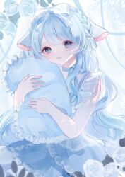  1girl absurdres animal_ears bare_arms blue_choker blue_dress blue_eyes blue_flower blue_hair blue_ribbon blue_rose bow braid cheek_press choker commentary_request commission crown_braid curtains dress fingernails flower frilled_dress frilled_pillow frills hair_bow hair_ribbon head_rest highres holding holding_pillow konkave_linse light_particles long_hair looking_at_viewer original parted_bangs pillow ribbon ribbon_choker rose sheep_ears smile solo spaghetti_strap upper_body very_long_hair vgen_commission wavy_hair white_bow white_ribbon 