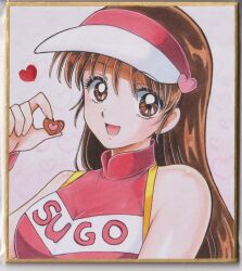  1girl :d bare_shoulders breasts brown_eyes brown_hair candy chikoto_(kztc4472) chocolate choppy_bangs commentary crop_top eyelashes eyes_visible_through_hair food future_gpx_cyber_formula hair_between_eyes hair_over_one_eye hand_up hat heart heart-shaped_chocolate heart-shaped_food heart_background highres holding holding_chocolate holding_food large_breasts light_blush long_hair looking_at_viewer open_mouth photo_(medium) picture_frame print_shirt racequeen red_hat red_shirt shirt sidelocks sleeveless sleeveless_shirt smile solo sugou_asuka traditional_media two-tone_hat upper_body valentine visor_cap white_background white_hat wristband yellow_trim 