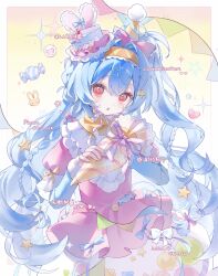 1girl :o absurdres artist_name blue_hair blush commission cowboy_shot crossed_bangs cyano dated double-parted_bangs dress hair_between_eyes hairband hat highres holding holding_pastry_bag long_hair long_sleeves looking_at_viewer mihuashi_commission open_mouth original party_hat pastry_bag pink_dress red_eyes solo yellow_hairband yellow_hat 