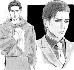  ahoge alternate_costume breath commentary_request greyscale gym_uniform holding holding_towel hood hoodie male_focus mine_yoshitaka monochrome necktie pants pinstripe_pattern pinstripe_suit portrait ryuu_ga_gotoku_(series) ryuu_ga_gotoku_3 suit sweat sweatpants towel tyag53 upper_body 