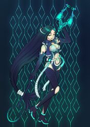  1girl abstract_background absurdres alternate_costume ankle_boots aqua_boots black_boots black_hair blue_background blue_eyes blue_gloves boots breasts check_clothing clothing_request commentary commission detached_sleeves elbow_gloves english_commentary full_body gloves glowing glowing_weapon hair_tubes harpoon high_heel_boots high_heels highres holding holding_behind_back holding_polearm holding_polearm_behind_back holding_weapon holding_weapon_behind_back id_jkinaru large_breasts leg_up long_hair looking_at_viewer midriff multicolored_boots navel parted_bangs parted_lips pink_lips polearm protected_link sadina_(tate_no_yuusha_no_nariagari) second-party_source shirt single_hair_tube sleeveless sleeveless_shirt smile solo standing standing_on_one_leg tail-shaped_hair tate_no_yuusha_no_nariagari two-tone_boots very_long_hair weapon white_loincloth 