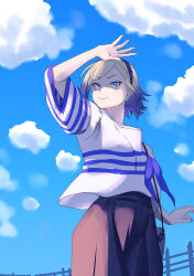  1girl blonde_hair blue_eyes blue_hair blue_hairband blue_sky clouds gradient_hair hairband highres jean_bart_(kancolle) jean_bart_(spring)_(kancolle) kantai_collection mole mole_under_eye multicolored_hair nekotarou_(nktr299) official_alternate_costume outdoors shirt sky smile solo white_shirt 