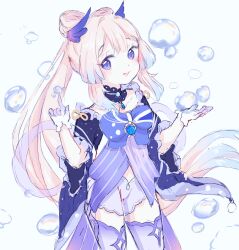  1girl blue_choker bow bow-shaped_hair brooch bubble chest_bow choker collarbone commentary detached_sleeves dot_nose english_commentary facing_to_the_side frilled_shorts frilled_sleeves frills genshin_impact gloves gradient_hair gradient_horns grey_thighhighs horns jewelry large_bow long_hair long_sleeves multicolored_hair multicolored_horns open_mouth purple_horns sangonomiya_kokomi sera_wi shorts simple_background smile thigh-highs twintails very_long_hair violet_eyes white_background white_gloves white_shorts 