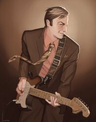  1boy absurdres better_call_saul breaking_bad brown_background brown_hair brown_necktie brown_shirt brown_suit brown_theme commentary electric_guitar english_commentary fender_stratocaster guitar highres holding holding_plectrum instrument mature_male music necktie playing_guitar playing_instrument plectrum saul_goodman shirt solo suit xyanaid 
