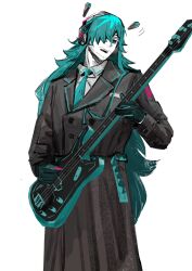  1boy aqua_hair aqua_necktie black_coat black_gloves coat collared_shirt commentary cowboy_shot electric_guitar english_commentary facial_hair genderswap genderswap_(ftm) gloves guitar hair_over_one_eye hatsune_miku headphones highres holding holding_guitar holding_instrument holding_plectrum instrument long_hair looking_at_viewer male_focus miku-oji music necktie open_mouth playing_guitar playing_instrument plectrum santyao1 shirt simple_background solo stubble trench_coat vocaloid white_background white_shirt 