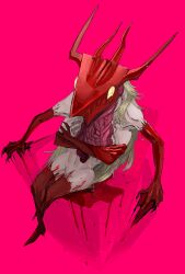  1girl blood blood_on_hands chainsaw_man closed_mouth commentary demon demon_girl demon_horns extra_arms gigan_(gigan1024896) highres horns organs pink_background power_(chainsaw_man) simple_background yellow_eyes 