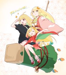  3girls :d absurdres age_difference ankle_socks black_shirt blonde_hair blunt_bangs blush brown_eyes character_request closed_eyes commentary_request copyright_request crescent crescent_hair_ornament facing_viewer full_body green_kimono hair_ornament haori highres holding japanese_clothes kimono long_hair ma_rukan multiple_girls open_mouth parted_bangs patterned_background pink_haori pink_shorts red_kimono red_shoes shading_eyes shirt shoes short_shorts short_sleeves shorts sidelocks sitting smile socks sparkle t-shirt teeth translation_request two_side_up upper_teeth_only waving white_background white_socks yellow_eyes 